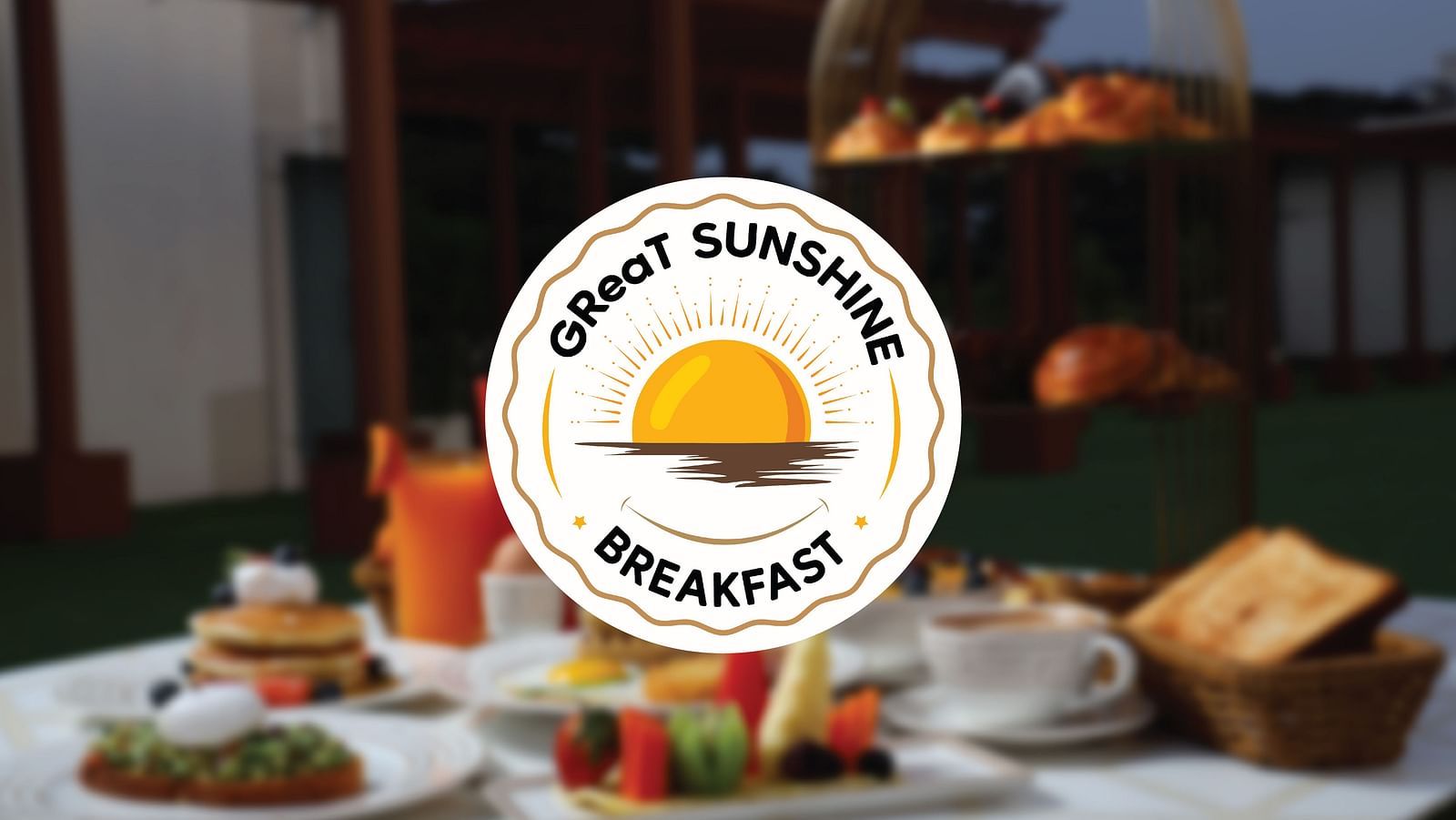 Logo of GReaT Sunshine Breakfast with a background of food placed on a table
